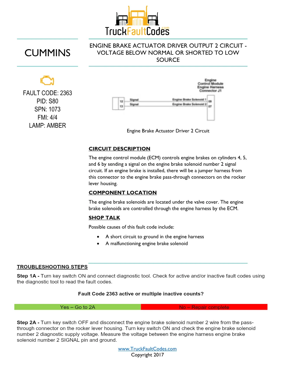 Cummins ISL9 Code 2363 Diagnostic Procedure – Fault Code 2363 - preview page 1 of 3