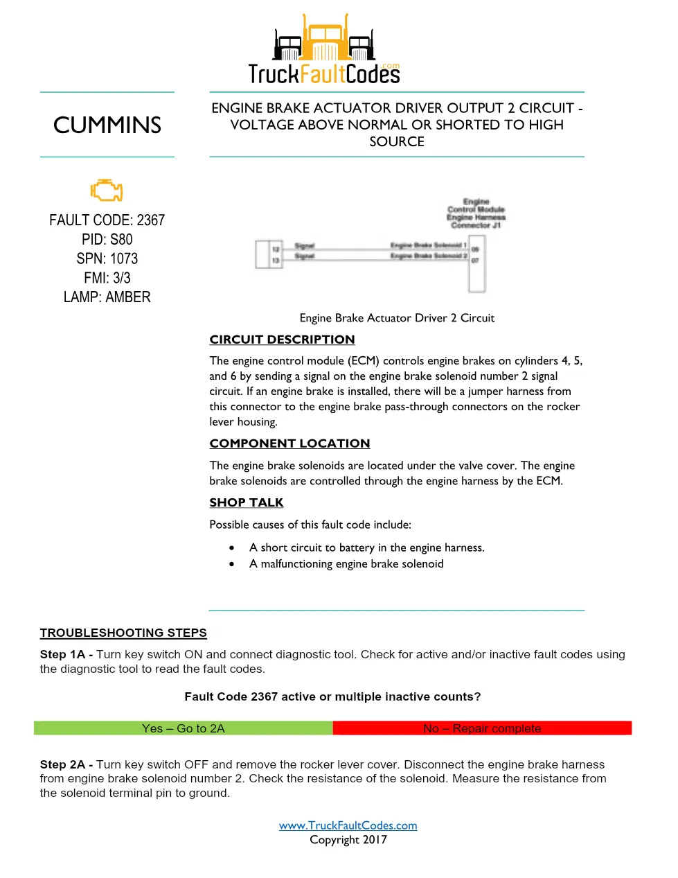 Cummins ISL9 Code 2367 Diagnostic Procedure – Fault Code 2367 - preview page 1 of 3