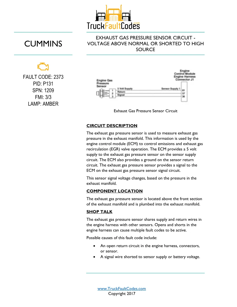 Cummins ISL9 Code 2373 Diagnostic Procedure – Fault Code 2373 - preview page 1 of 3