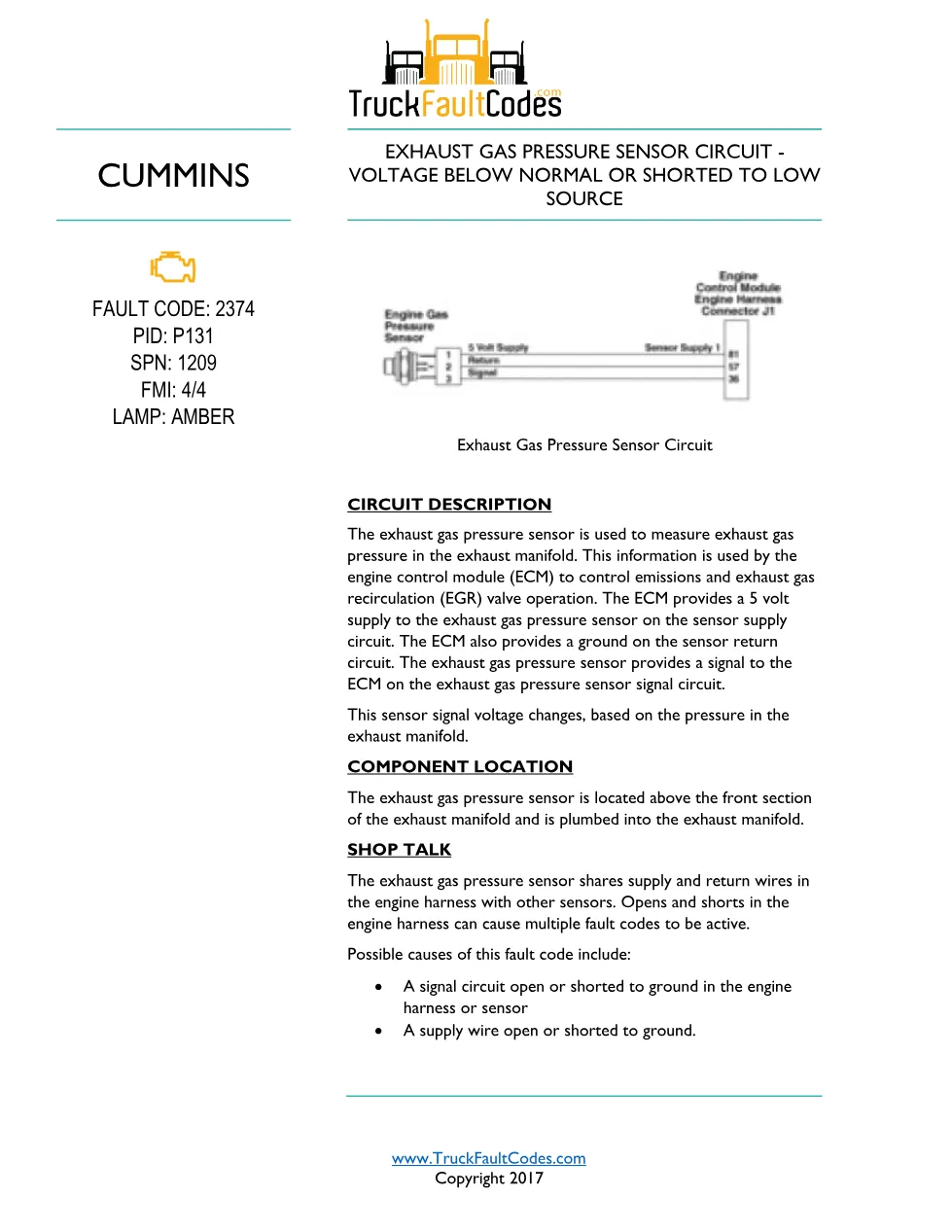 Cummins ISL9 Code 2374 Diagnostic Procedure – Fault Code 2374 - preview page 1 of 3