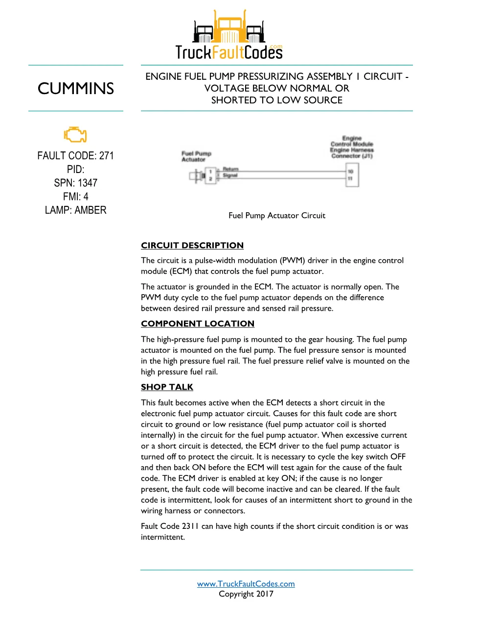 Cummins ISL9 Code 271 Diagnostic Procedure – Fault Code 271 – PDF - preview page 1 of 3