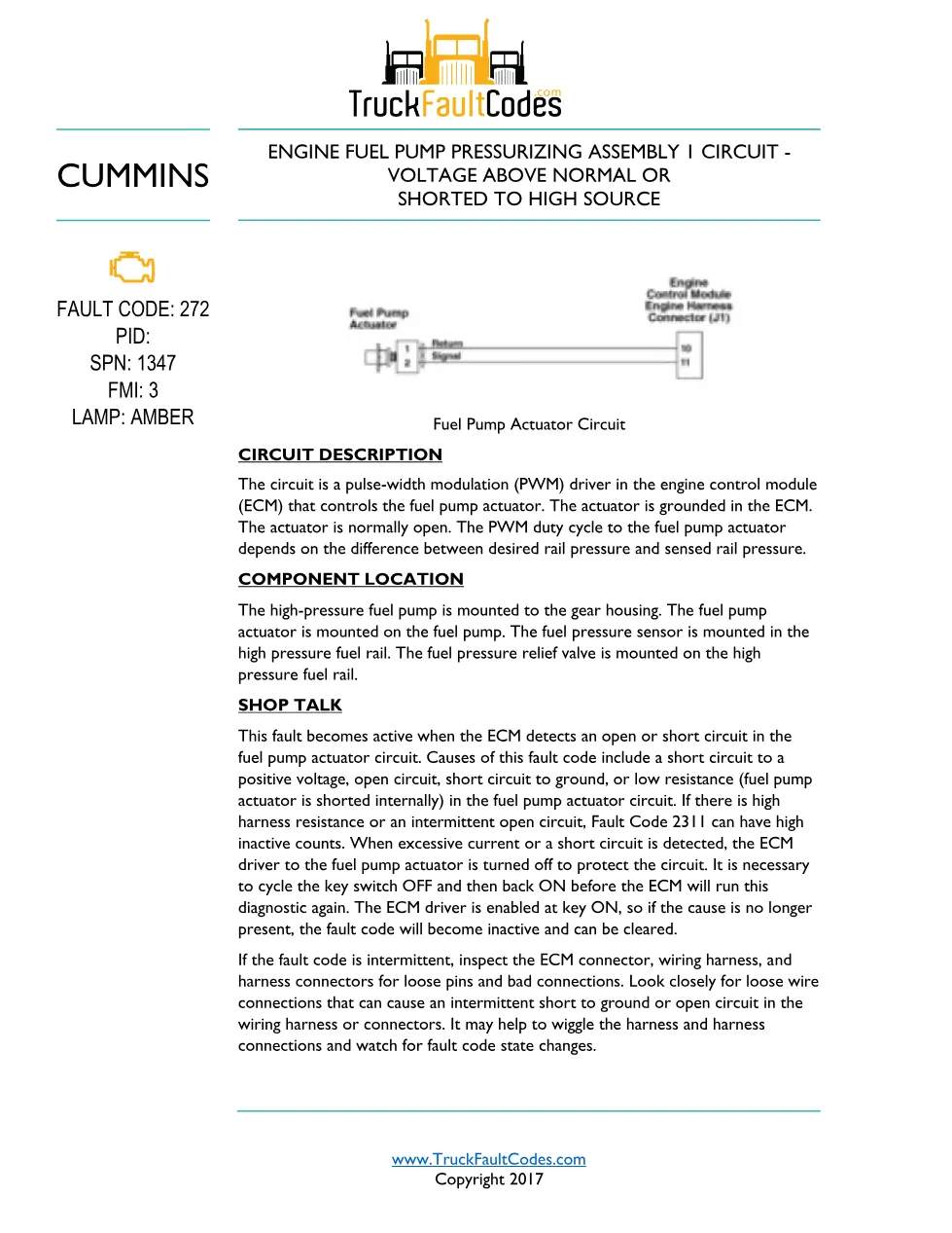 Cummins ISL9 Code 272 Diagnostic Procedure – Fault Code 272 – PDF - preview page 1 of 3