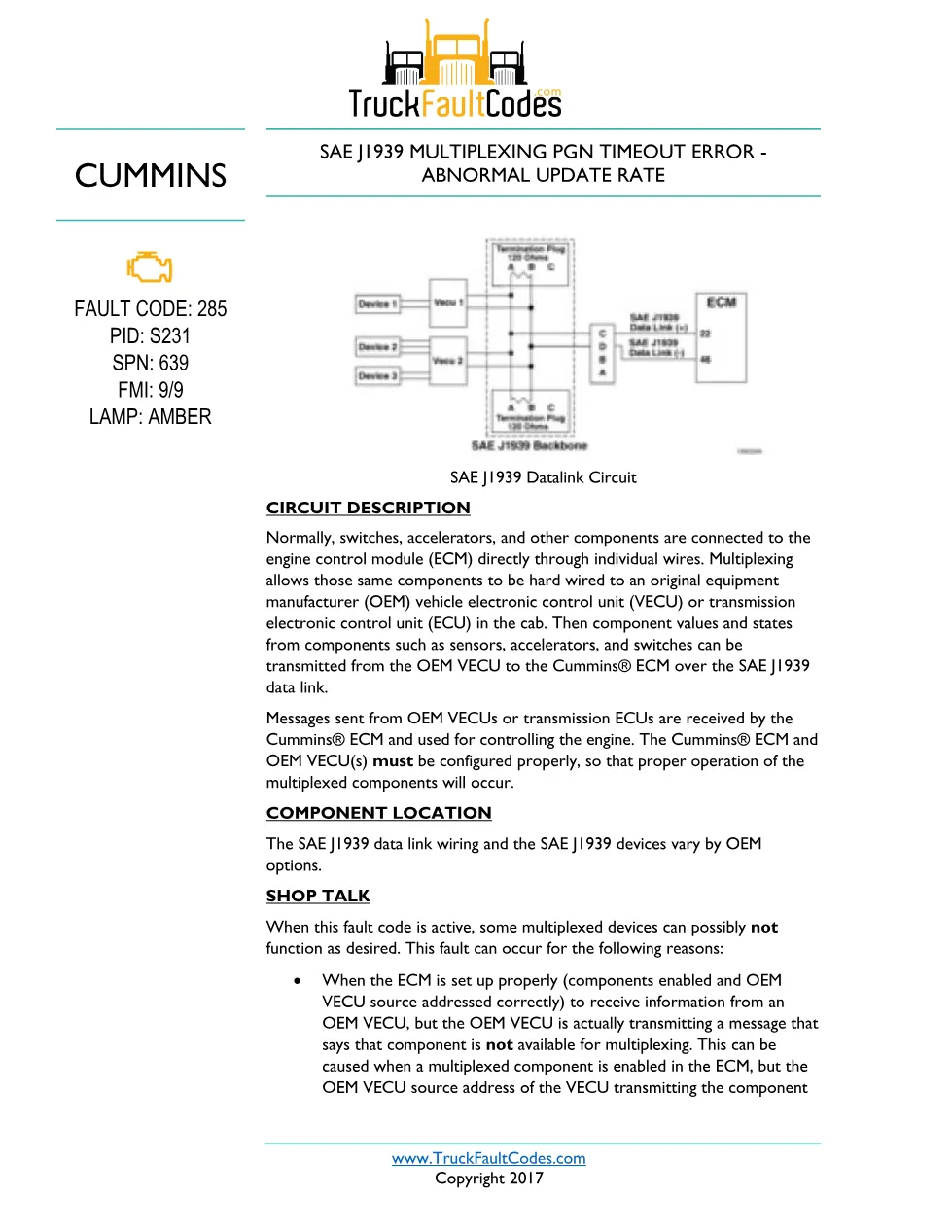 Cummins ISL9 Code 285 Diagnostic Procedure – Fault Code 285 – PDF - preview page 1 of 3