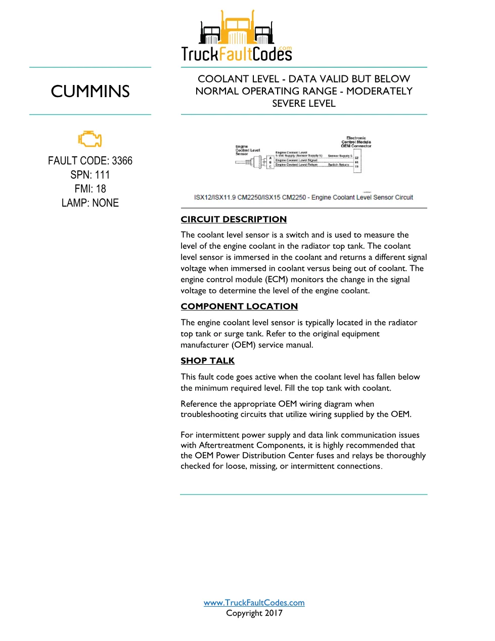 Cummins ISL9 Code 3366 Diagnostic Procedure – Fault Code 3366 - preview page 1 of 2