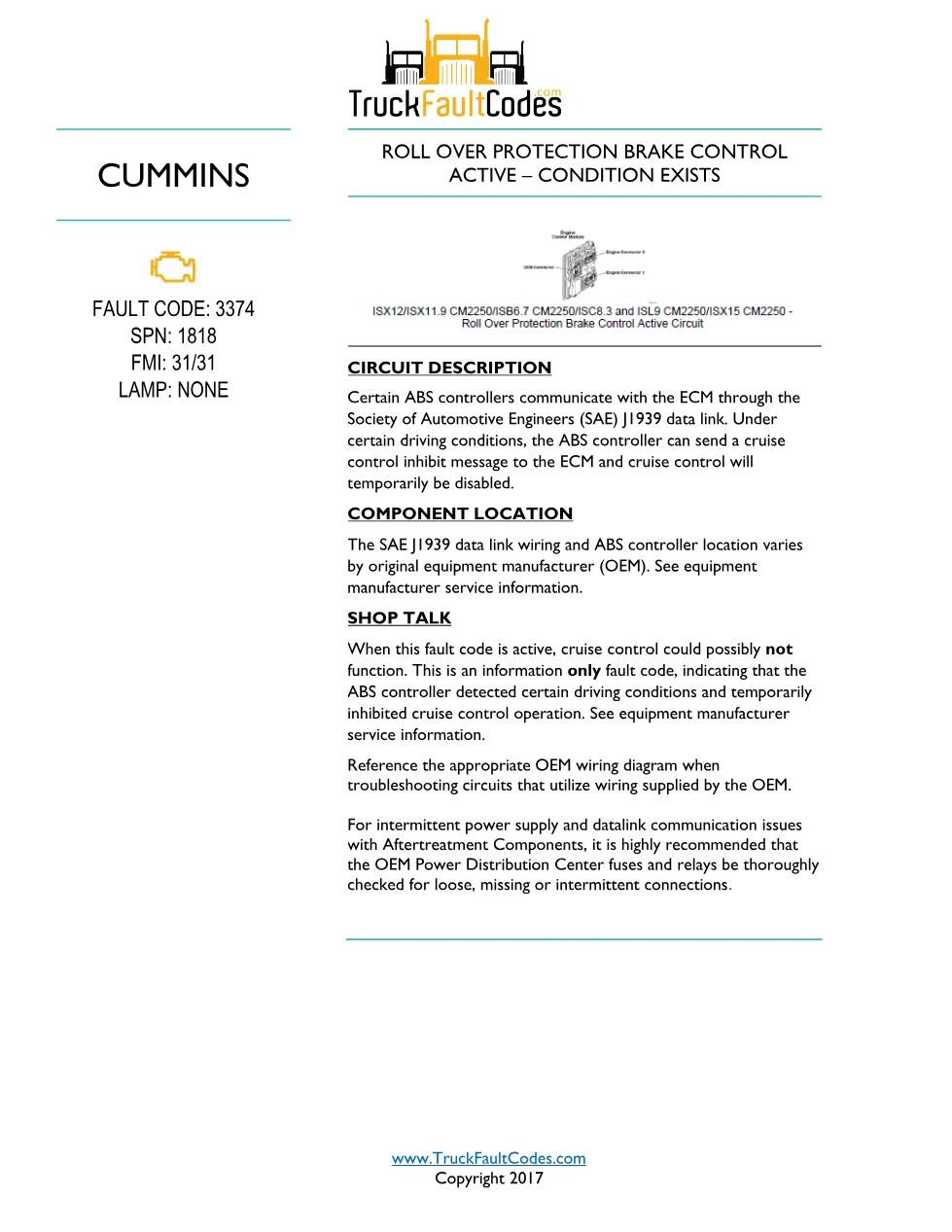 Cummins ISL9 Code 3374 Diagnostic Procedure – Fault Code 3374 - preview page 1 of 2