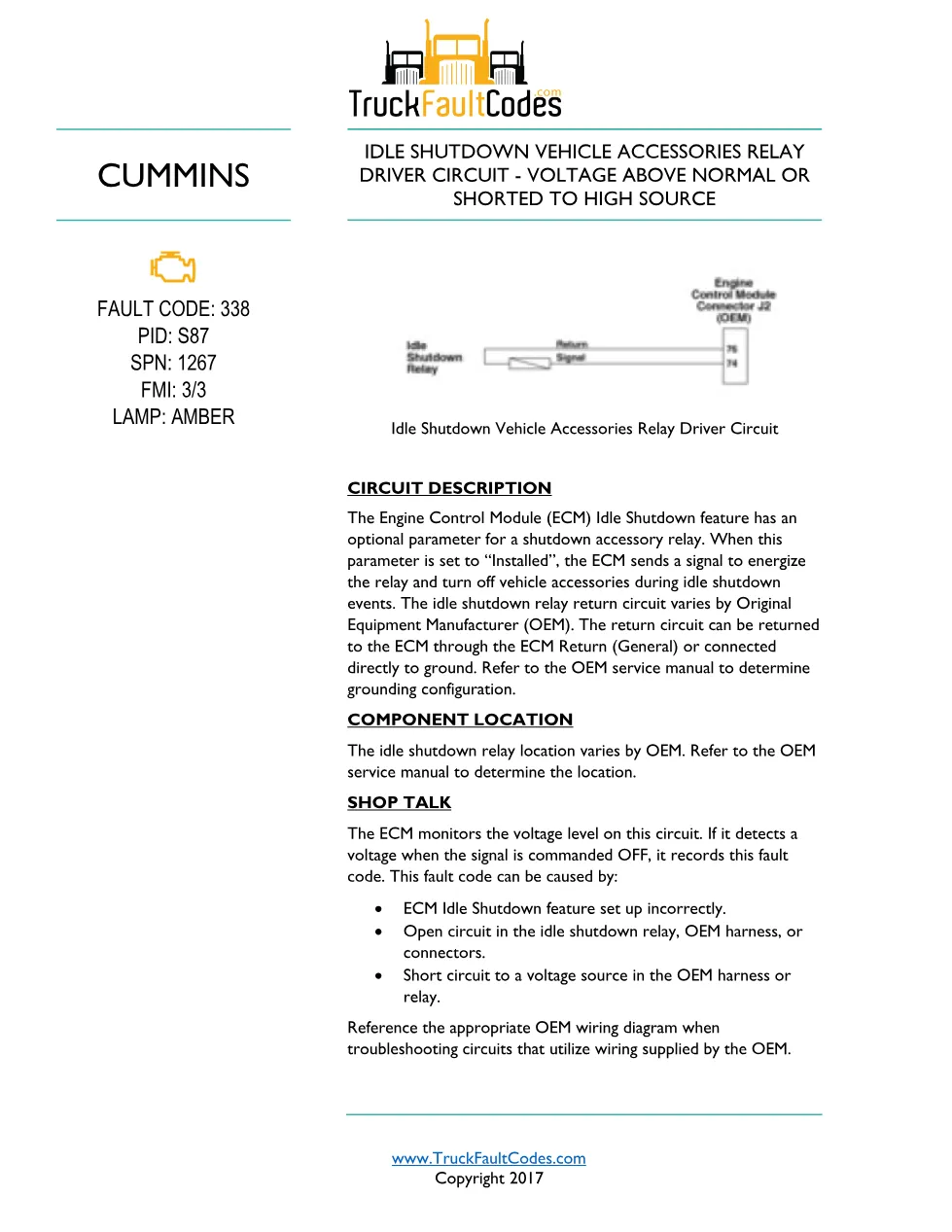 Cummins ISL9 Code 338 Diagnostic Procedure – Fault Code 338 – PDF - preview page 1 of 3