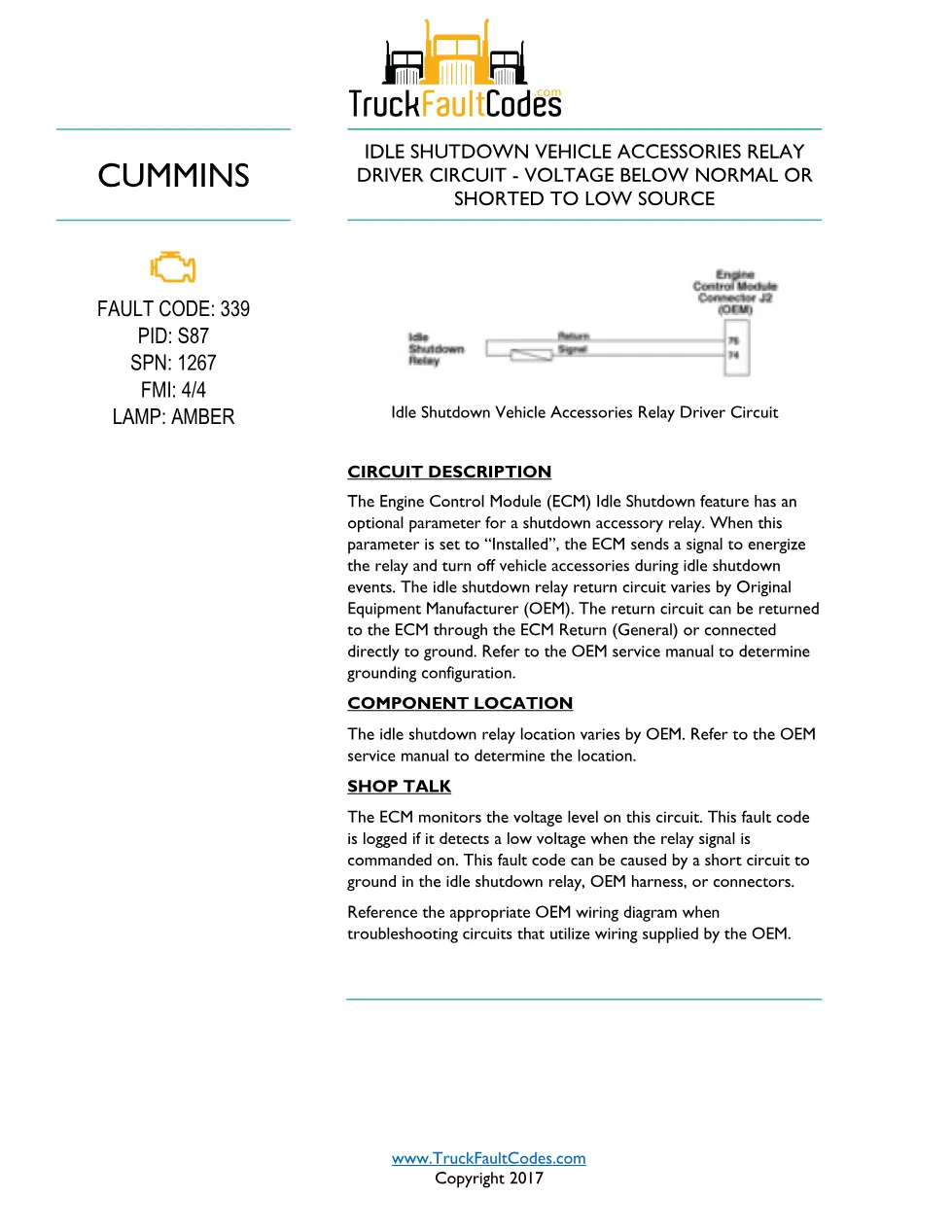 Cummins ISL9 Code 339 Diagnostic Procedure – Fault Code 339 – PDF - preview page 1 of 3