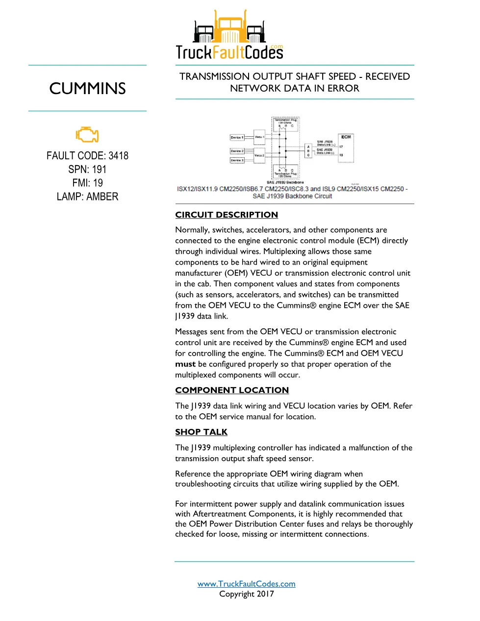 Cummins ISL9 Code 3418 Diagnostic Procedure – Fault Code 3418 - preview page 1 of 2