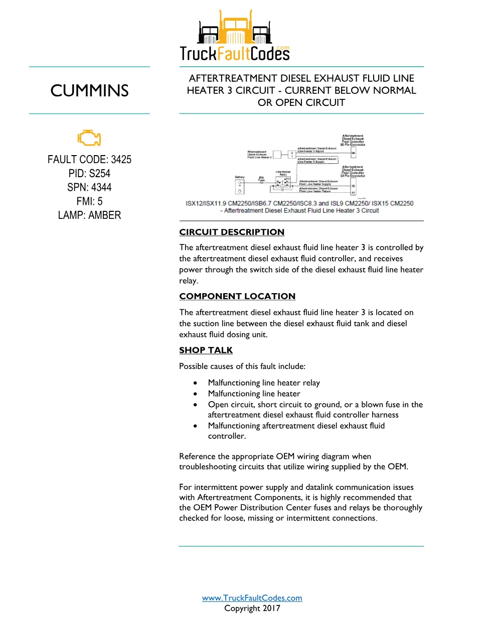 Cummins ISL9 Code 3425 Diagnostic Procedure – Fault Code 3425 - preview page 1 of 3