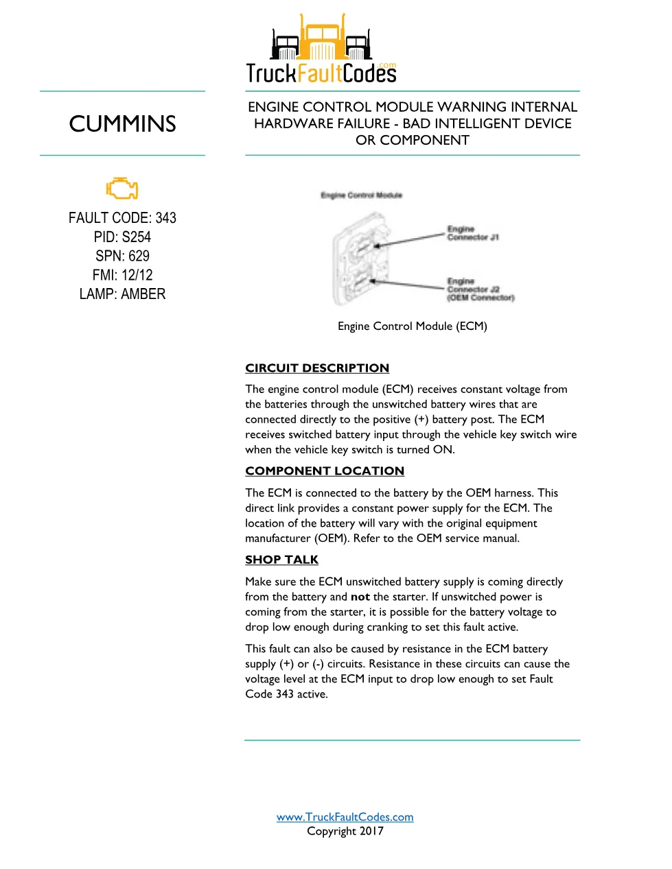 Cummins ISL9 Code 343 Diagnostic Procedure – Fault Code 343 – PDF - preview page 1 of 3