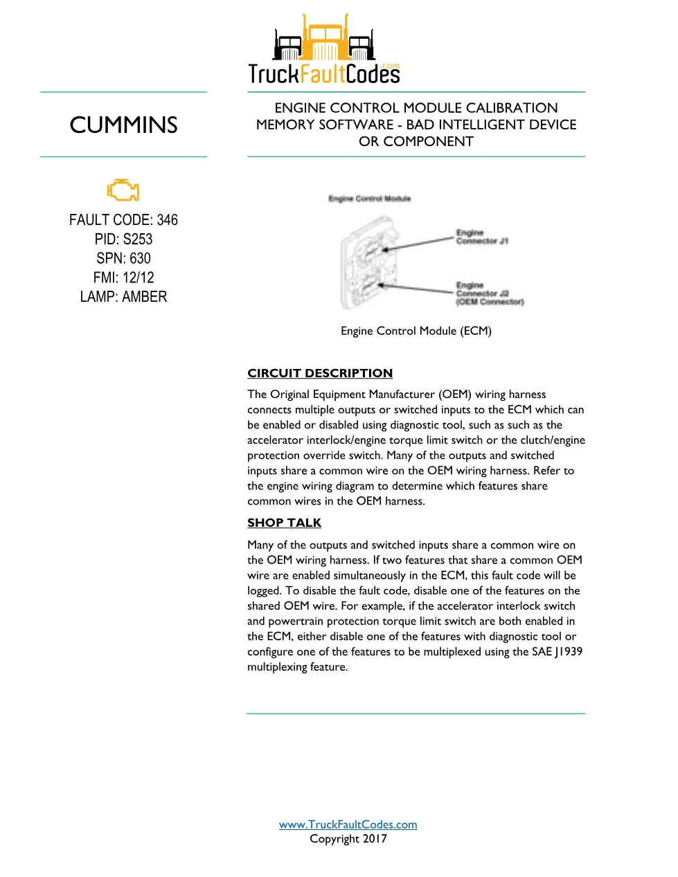 Cummins ISL9 Code 346 Diagnostic Procedure – Fault Code 346 – PDF - preview page 1 of 3