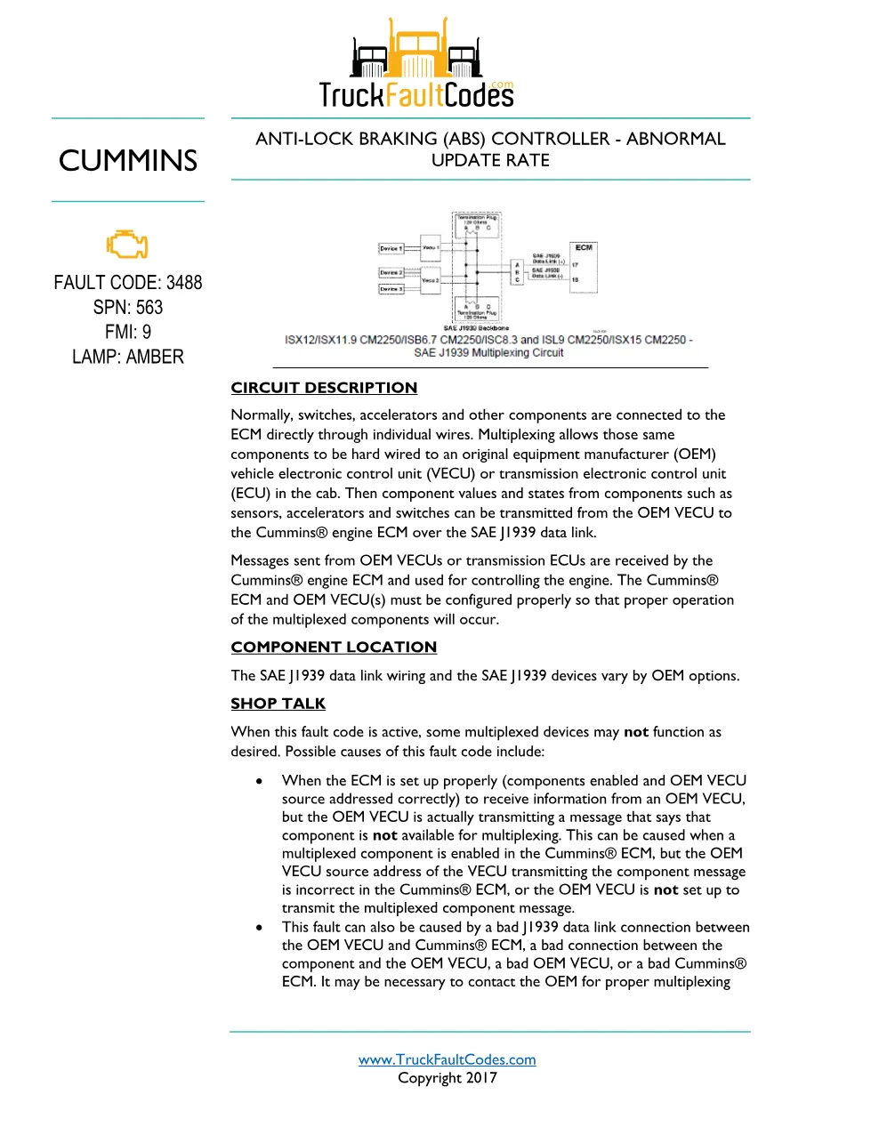 Cummins ISL9 Code 3488 Diagnostic Procedure – Fault Code 3488 - preview page 1 of 3