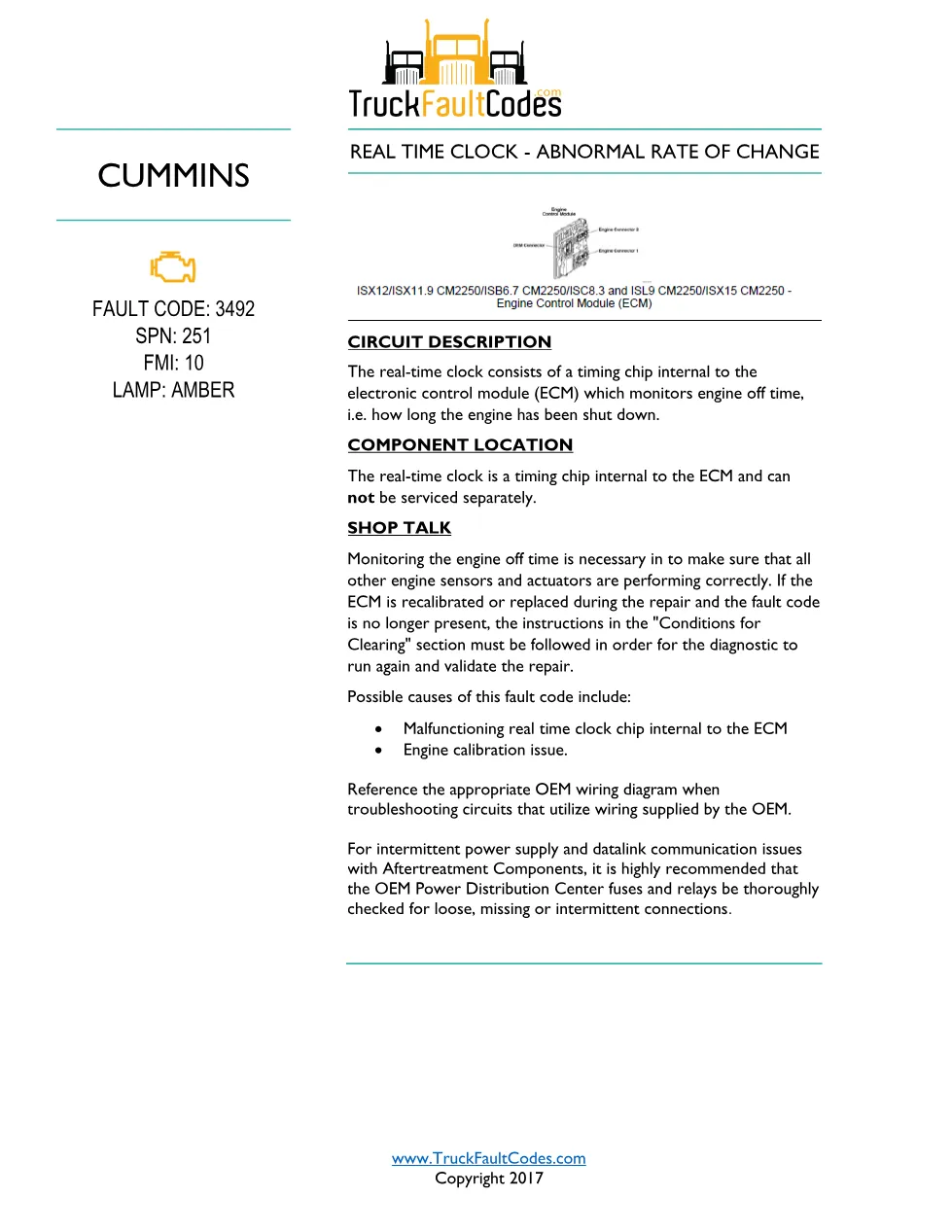 Cummins ISL9 Code 3492 Diagnostic Procedure – Fault Code 3492 - preview page 1 of 3