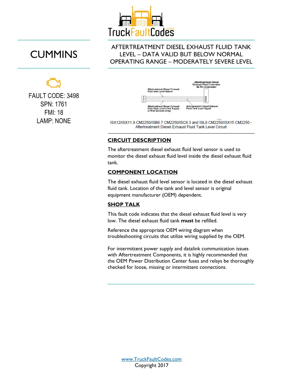 Cummins ISL9 Code 3498 Diagnostic Procedure – Fault Code 3498 - preview page 1 of 2