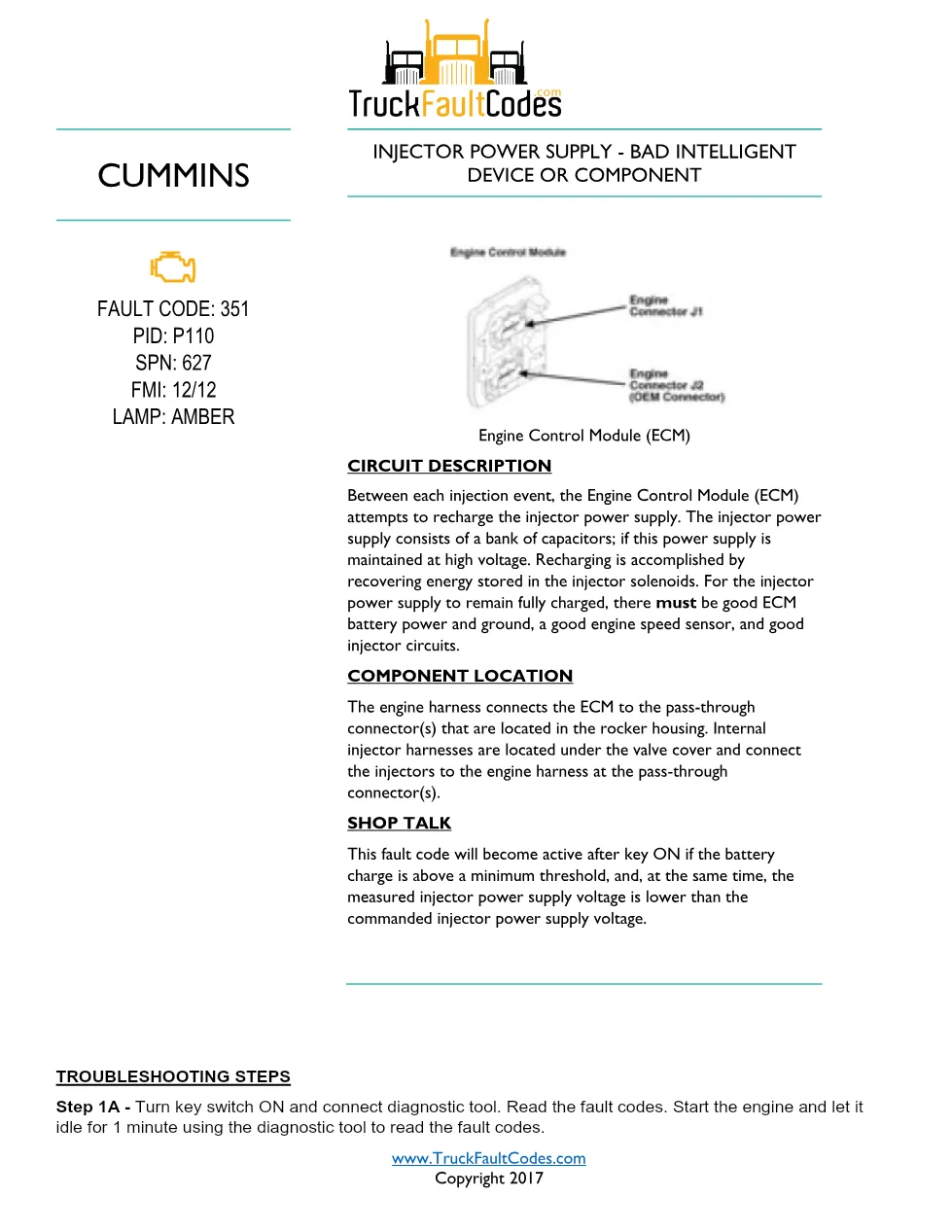 Cummins ISL9 Code 351 Diagnostic Procedure – Fault Code 351 – PDF - preview page 1 of 3