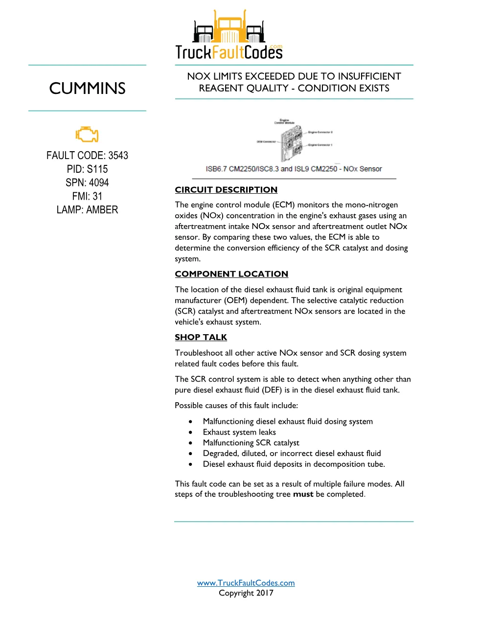 Cummins ISL9 Code 3543 Diagnostic Procedure – Fault Code 3543 - preview page 1 of 3