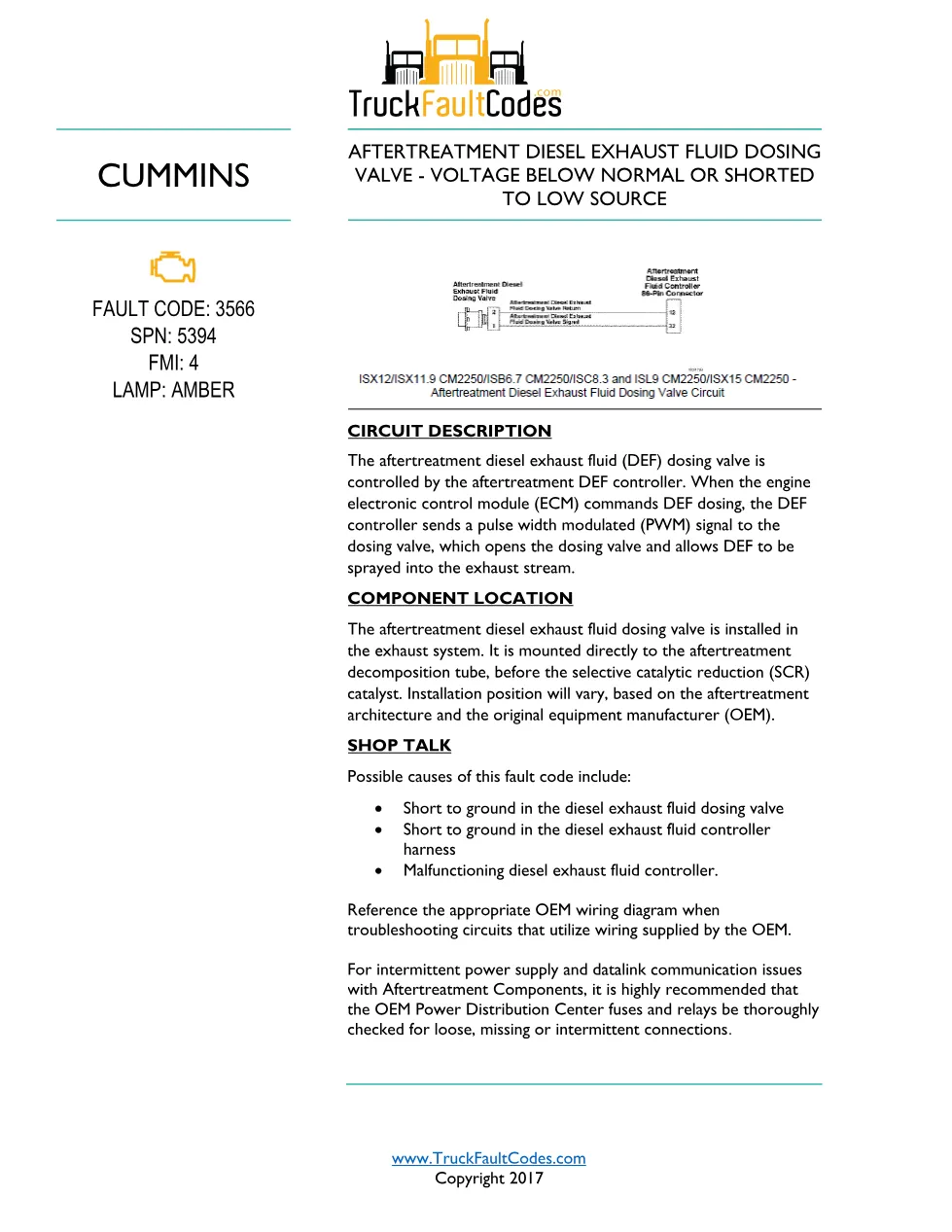 Cummins ISL9 Code 3566 Diagnostic Procedure – Fault Code 3566 - preview page 1 of 3