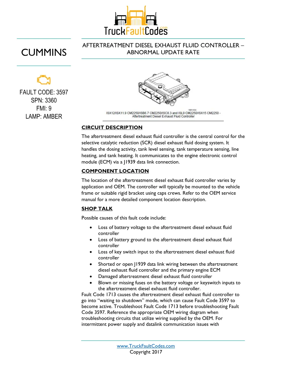 Cummins ISL9 Code 3597 Diagnostic Procedure – Fault Code 3597 - preview page 1 of 3