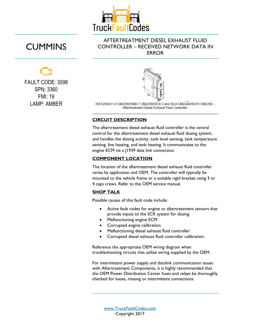 Cummins ISL9 Code 3598 Diagnostic Procedure – Fault Code 3598 - preview page 1 of 3