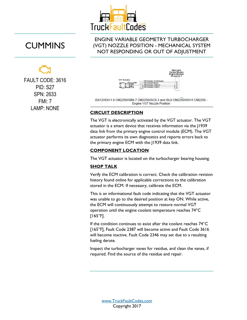Cummins ISL9 Code 3616 Diagnostic Procedure – Fault Code 3616 - preview page 1 of 3