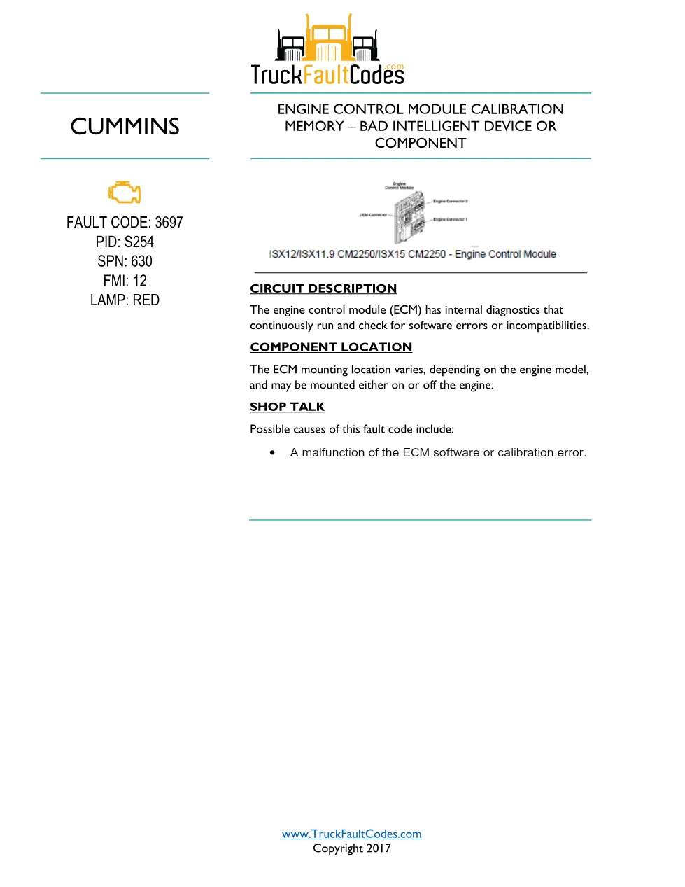 Cummins ISL9 Code 3697 Diagnostic Procedure – Fault Code 3697 - preview page 1 of 2