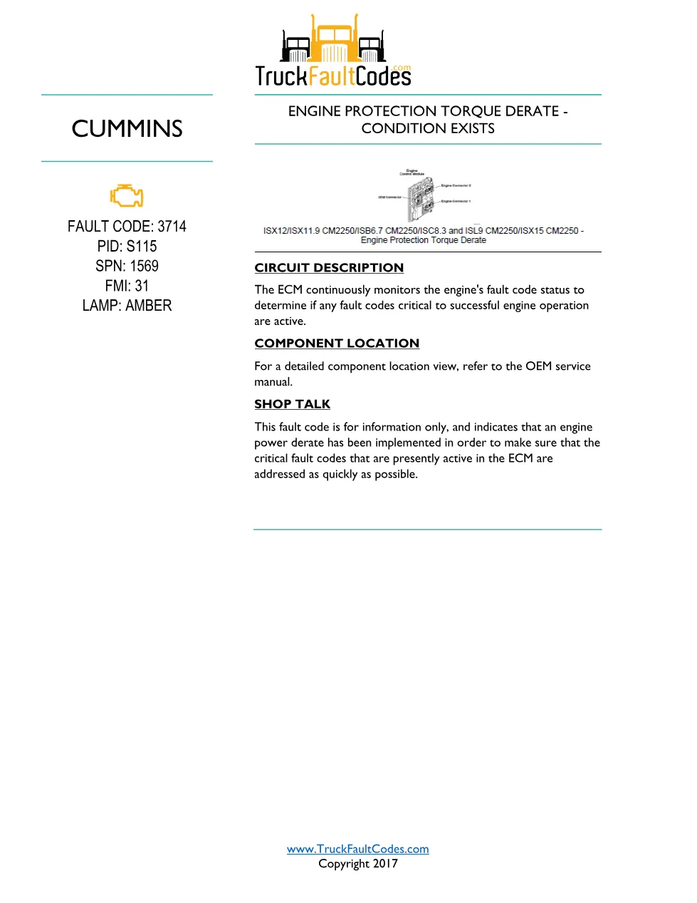 Cummins ISL9 Code 3714 Diagnostic Procedure – Fault Code 3714 - preview page 1 of 2