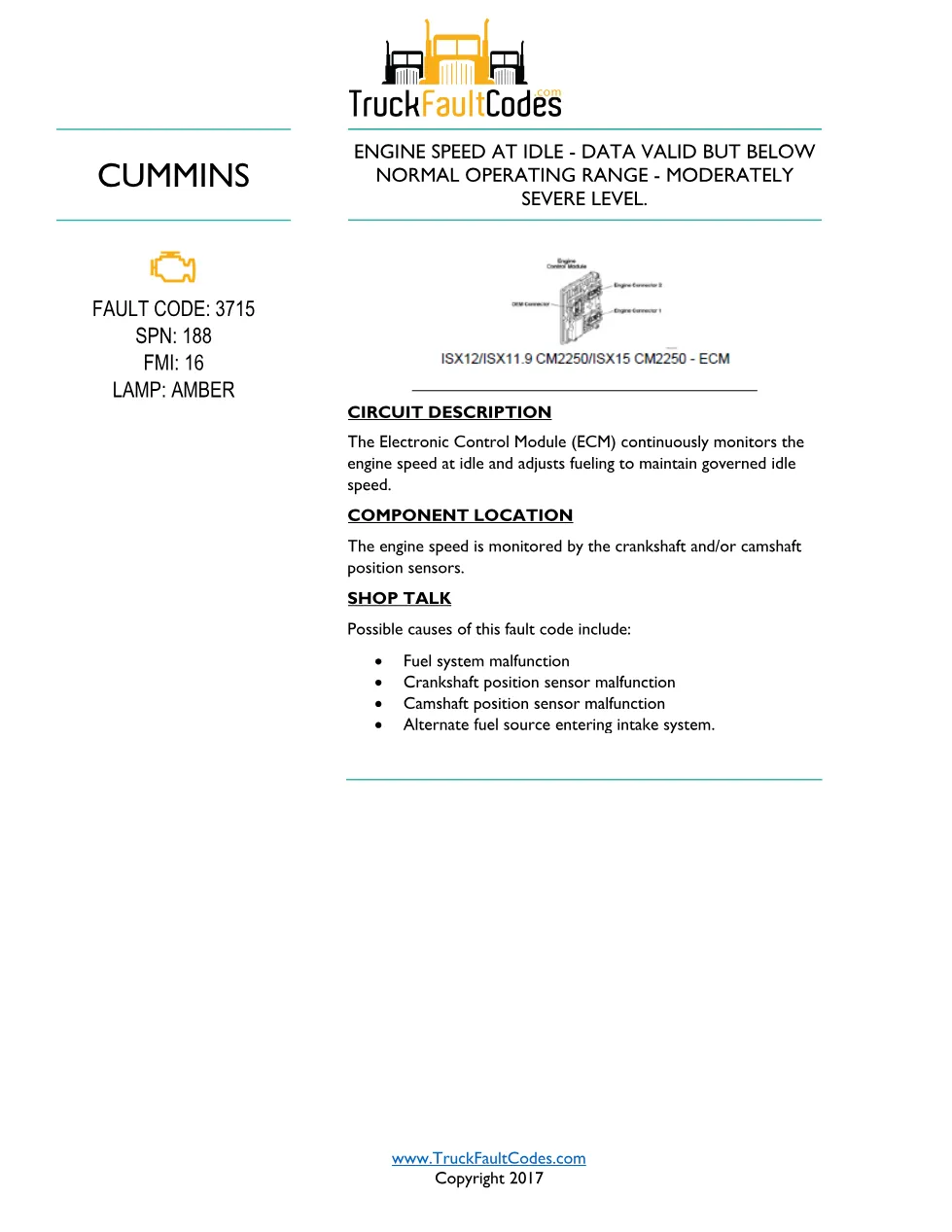 Cummins ISL9 Code 3715 Diagnostic Procedure – Fault Code 3715 - preview page 1 of 3