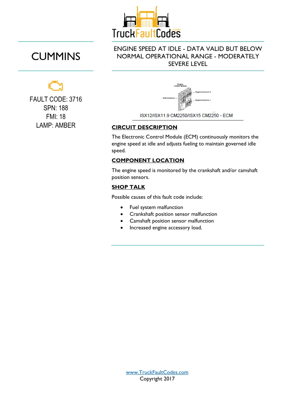 Cummins ISL9 Code 3716 Diagnostic Procedure – Fault Code 3716 - preview page 1 of 3