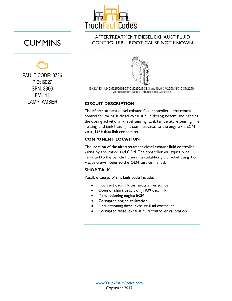 Cummins ISL9 Code 3736 Diagnostic Procedure – Fault Code 3736 - preview page 1 of 3