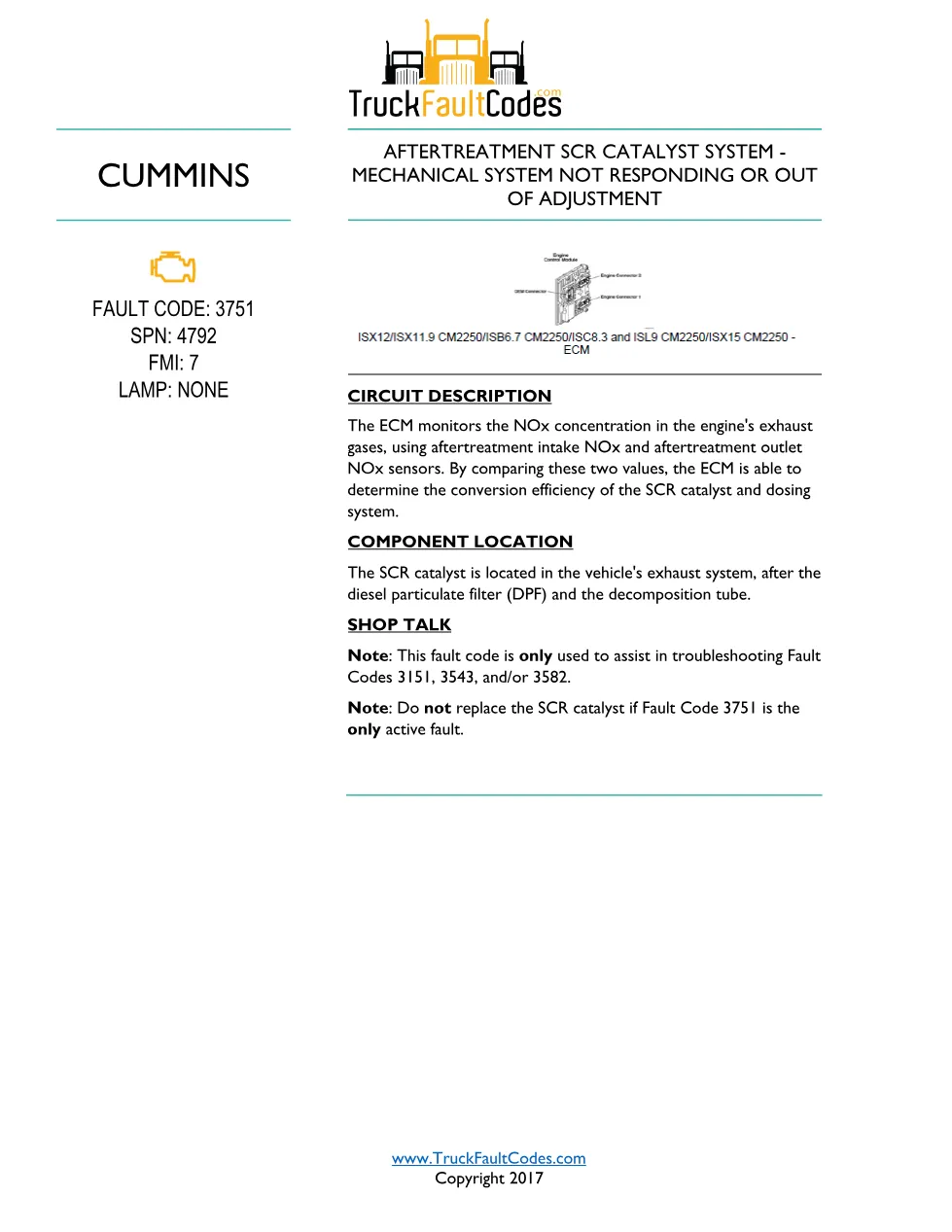 Cummins ISL9 Code 3751 Diagnostic Procedure – Fault Code 3751 - preview page 1 of 2