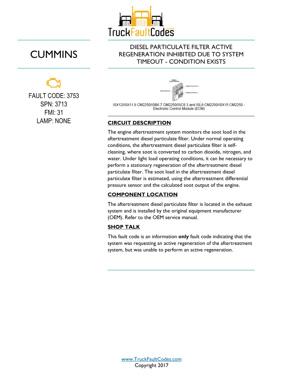 Cummins ISL9 Code 3753 Diagnostic Procedure – Fault Code 3753 - preview page 1 of 2