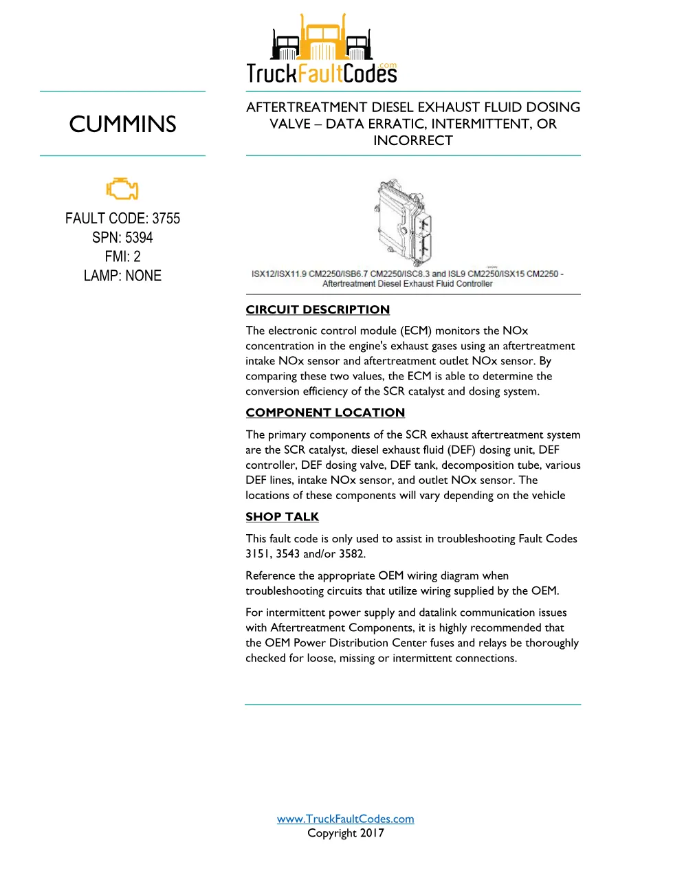 Cummins ISL9 Code 3755 Diagnostic Procedure – Fault Code 3755 - preview page 1 of 2