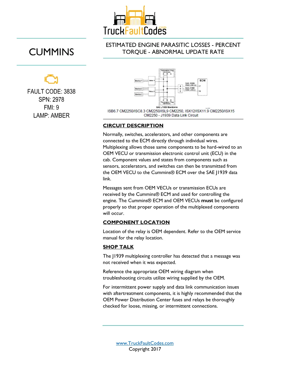Cummins ISL9 Code 3838 Diagnostic Procedure – Fault Code 3838 - preview page 1 of 2