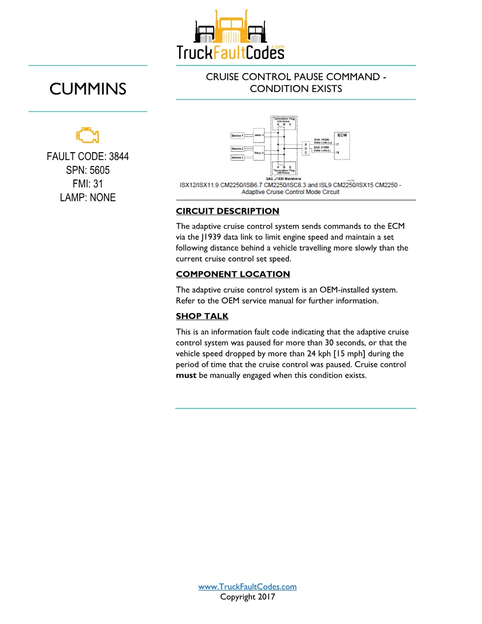 Cummins ISL9 Code 3844 Diagnostic Procedure – Fault Code 3844 - preview page 1 of 2