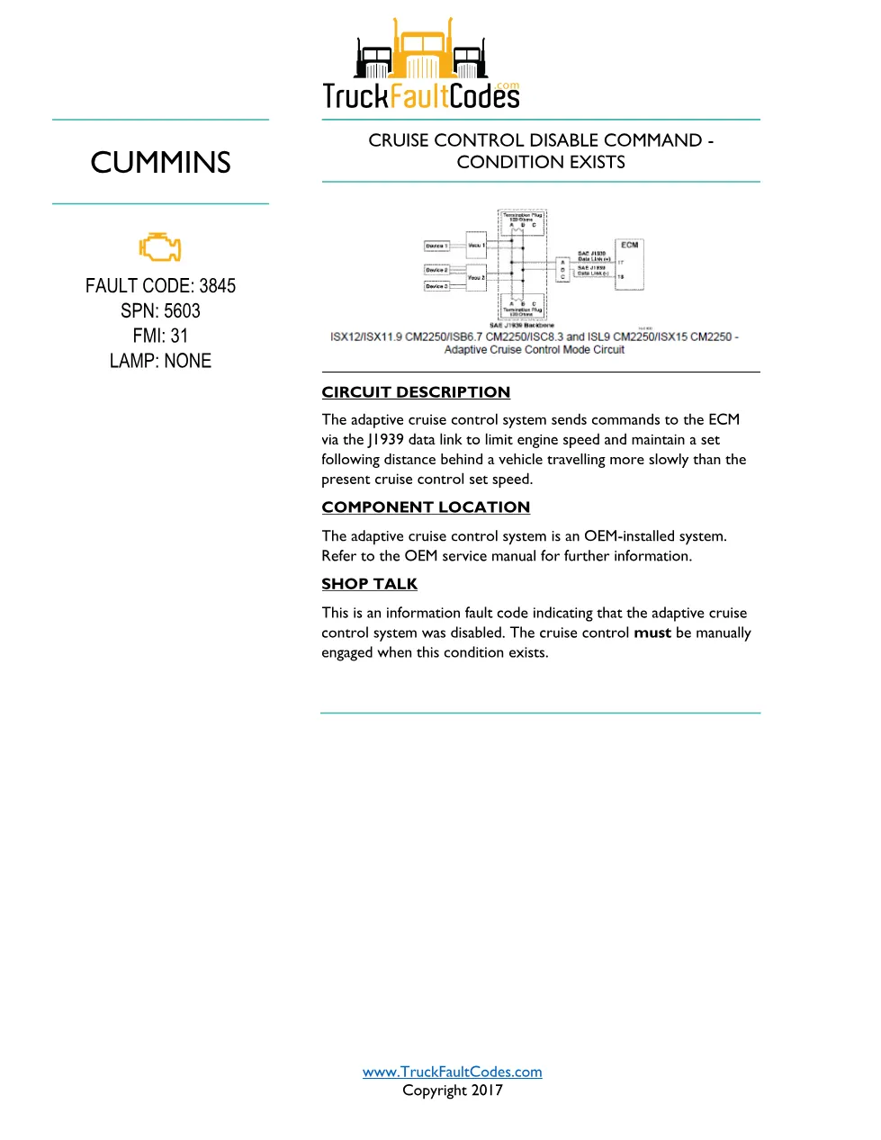 Cummins ISL9 Code 3845 Diagnostic Procedure – Fault Code 3845 - preview page 1 of 2