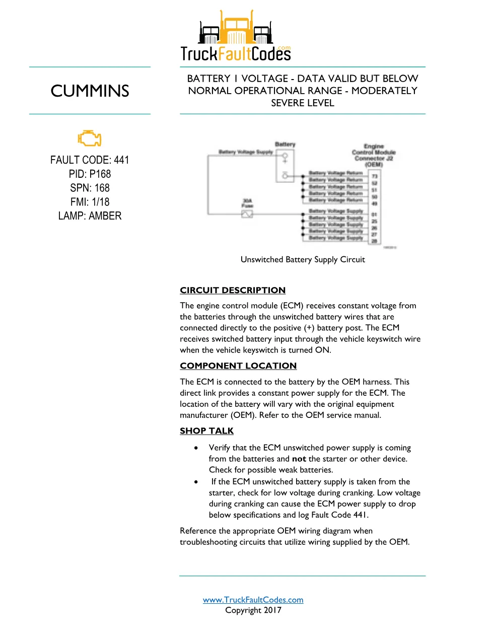 Cummins ISL9 Code 441 Diagnostic Procedure – Fault Code 441 – PDF - preview page 1 of 3