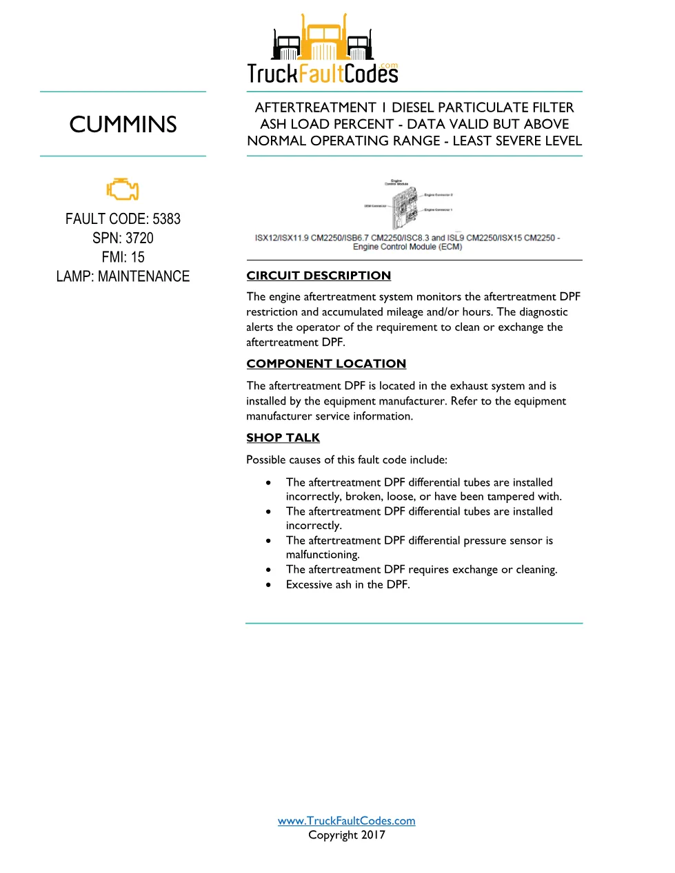 Cummins ISL9 Code 5383 Diagnostic Procedure – Fault Code 5383 - preview page 1 of 2