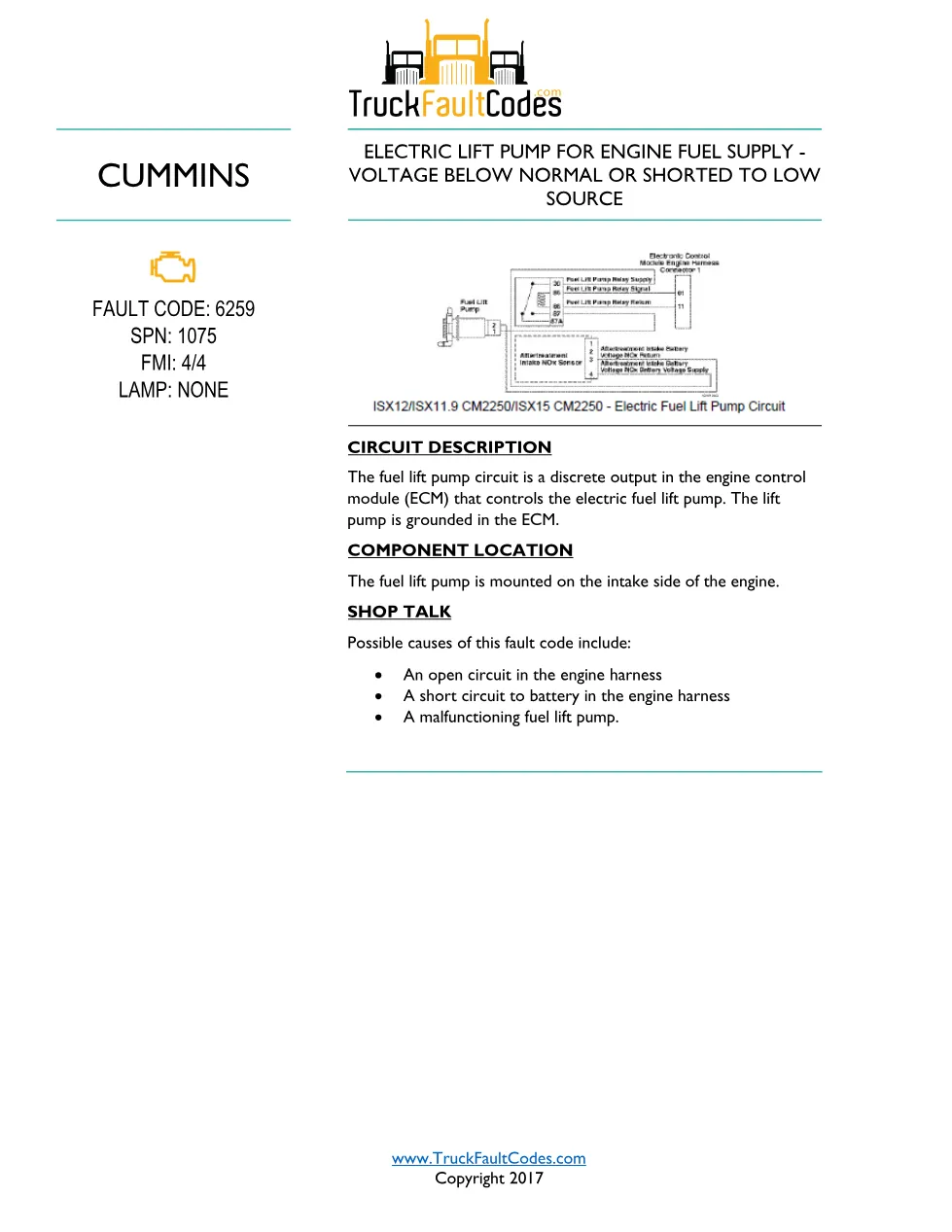 Cummins ISL9 Code 6259 Diagnostic Procedure – Fault Code 6259 - preview page 1 of 3