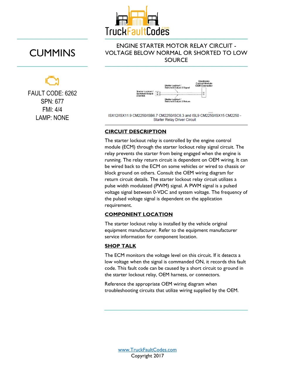 Cummins ISL9 Code 6262 Diagnostic Procedure – Fault Code 6262 - preview page 1 of 3