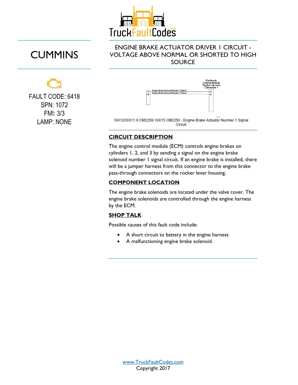Cummins ISL9 Code 6418 Diagnostic Procedure – Fault Code 6418 - preview page 1 of 3
