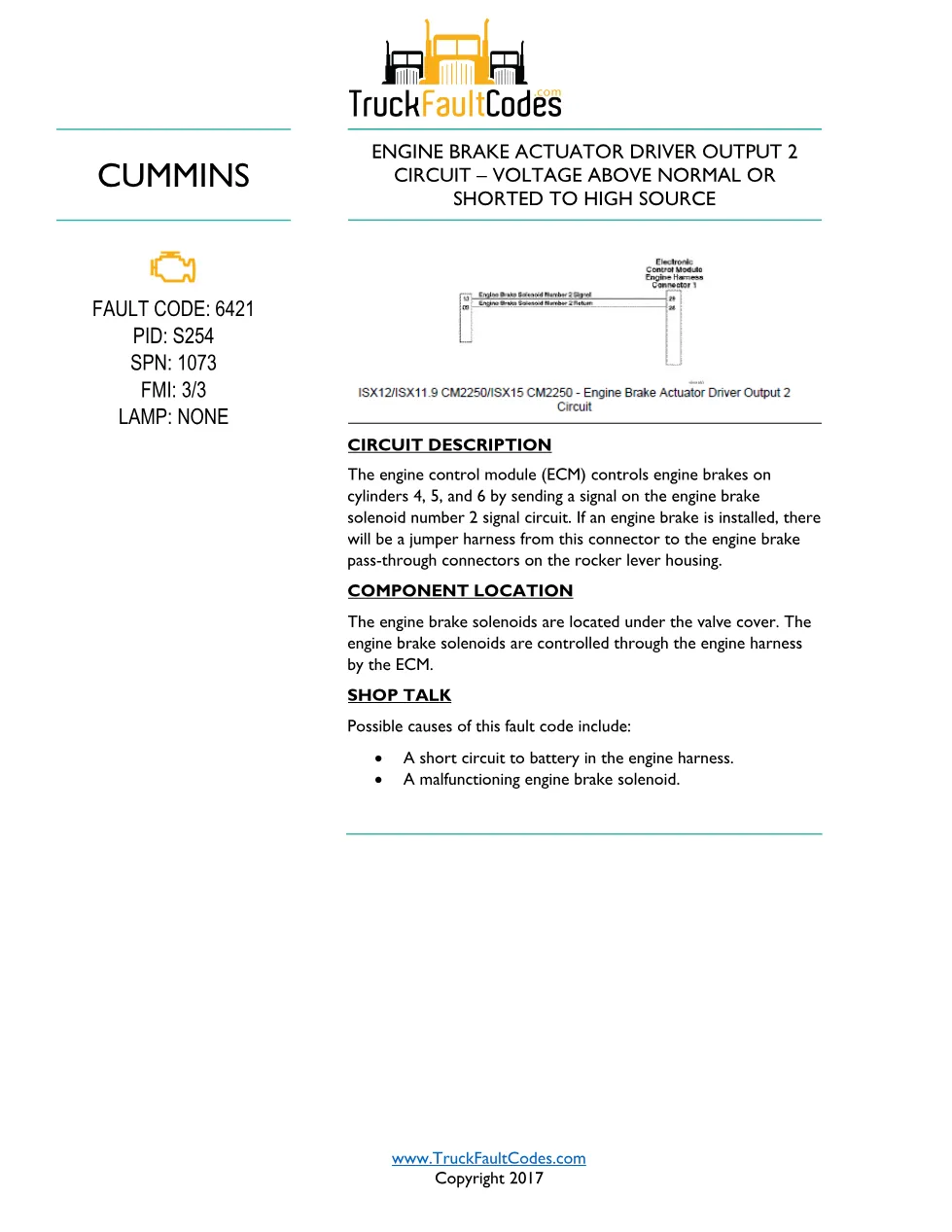 Cummins ISL9 Code 6421 Diagnostic Procedure – Fault Code 6421 - preview page 1 of 3