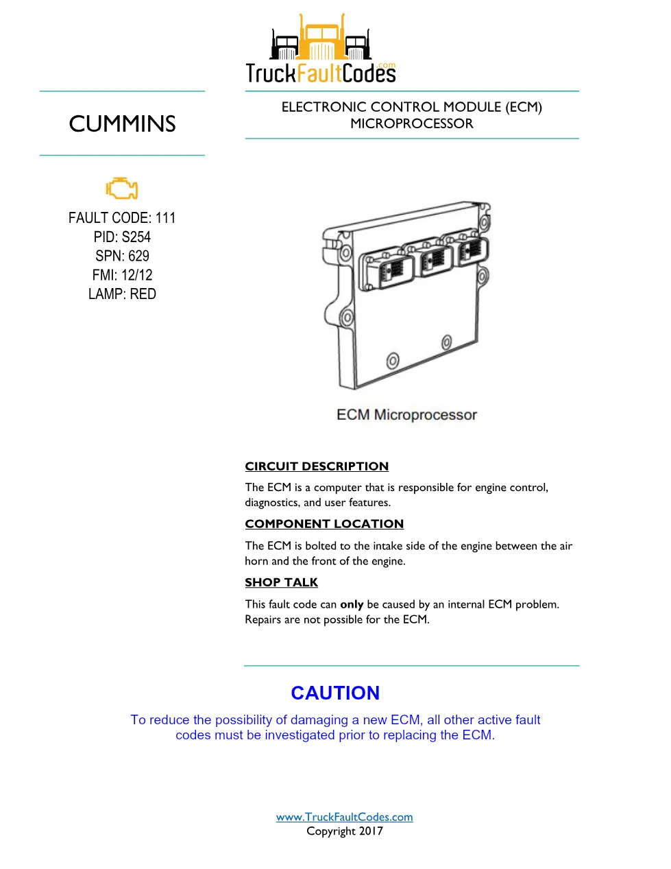 Cummins ISM code 111 — Electronic Control Module Microprocessor - preview page 1 of 2