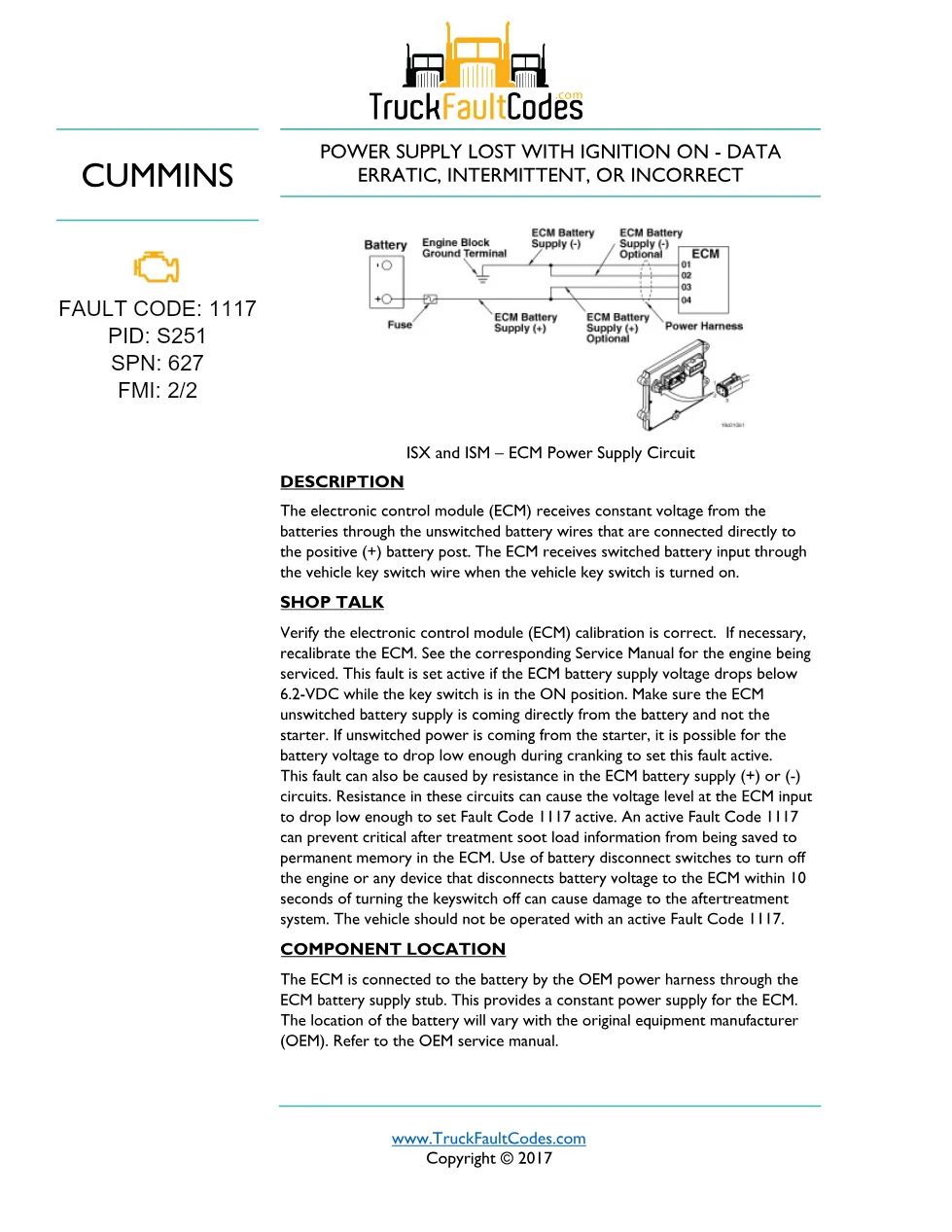 Cummins ISM code 1117 troubleshooting guide – ISM CM871 – Service - preview page 1 of 6