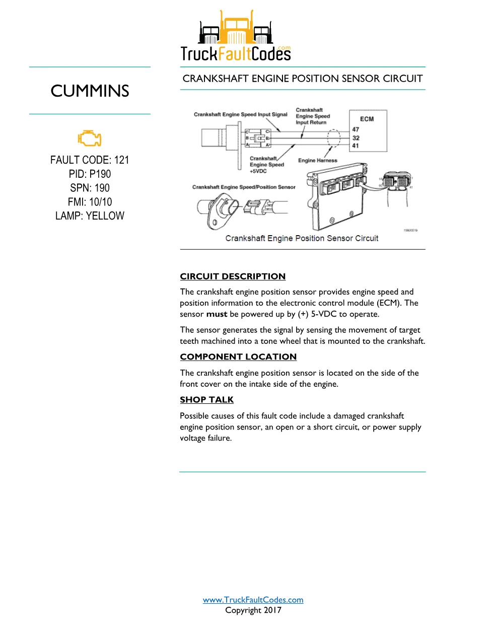 Cummins ISM code 121 — Crankshaft Engine Position Sensor Circuit - preview page 1 of 6