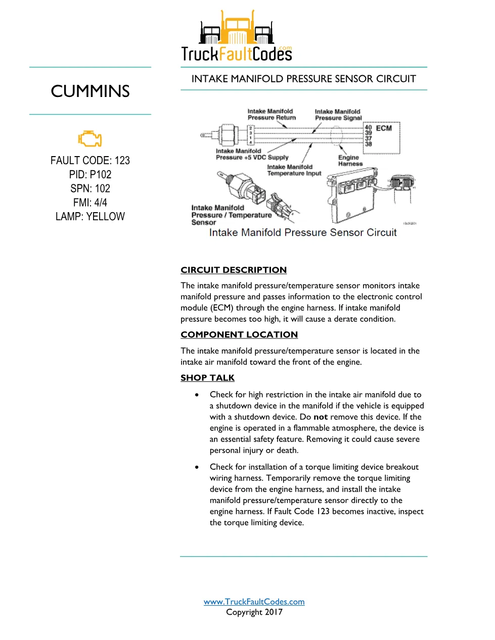 Cummins ISM code 123 — Intake Manifold Pressure Sensor Circuit - preview page 1 of 6