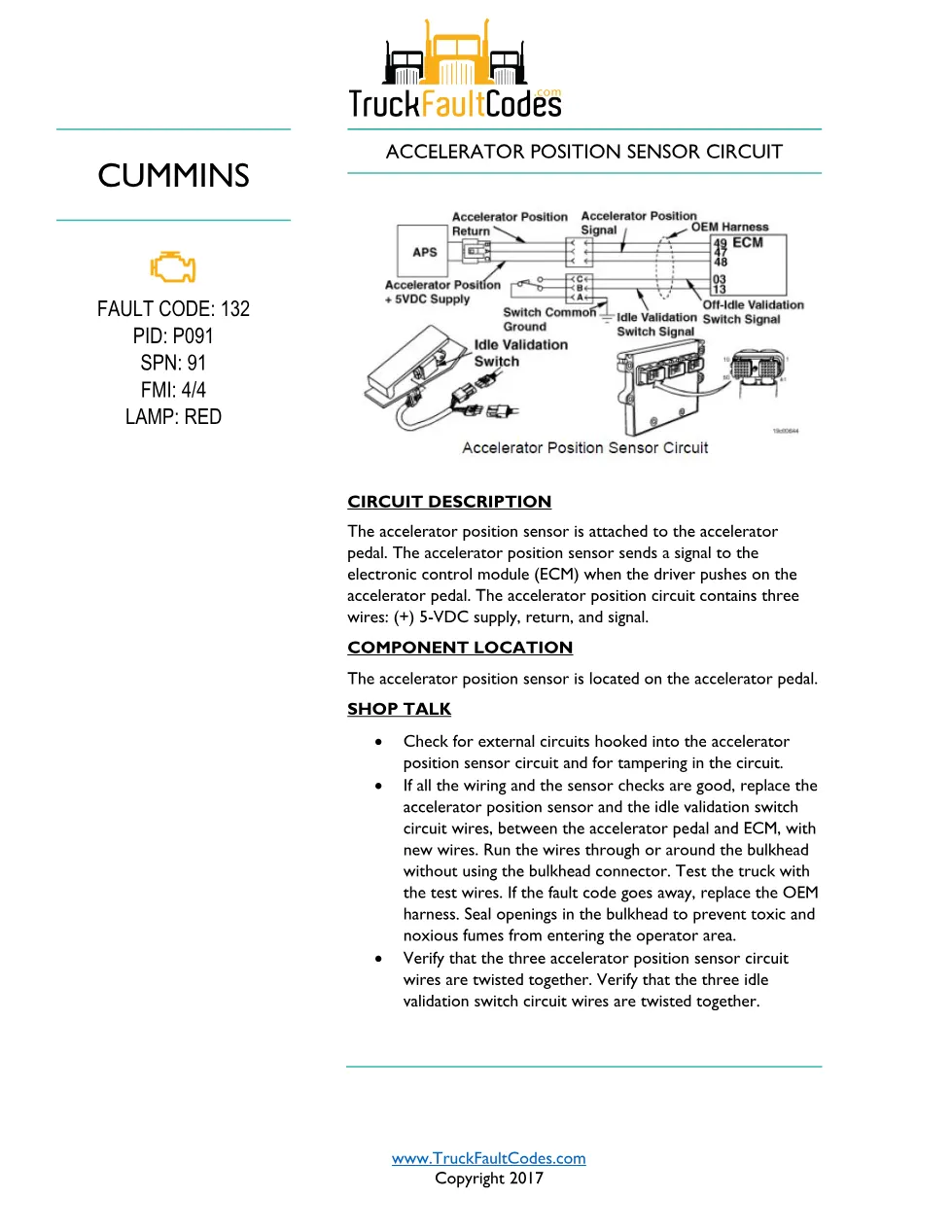 Cummins ISM code 132 — Accelerator Position Sensor Circuit (PID - preview page 1 of 6