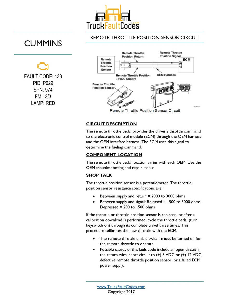 Cummins ISM code 133 — Remote Throttle Position Sensor Circuit - preview page 1 of 6