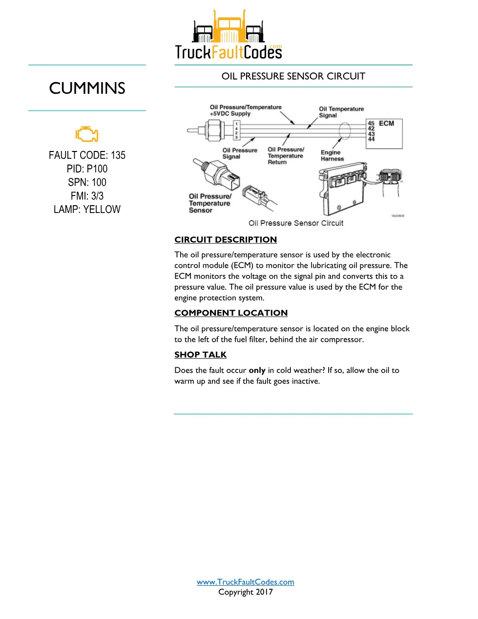 Cummins ISM code 135 — Oil Pressure Sensor Circuit (PID P100, SPN - preview page 1 of 6