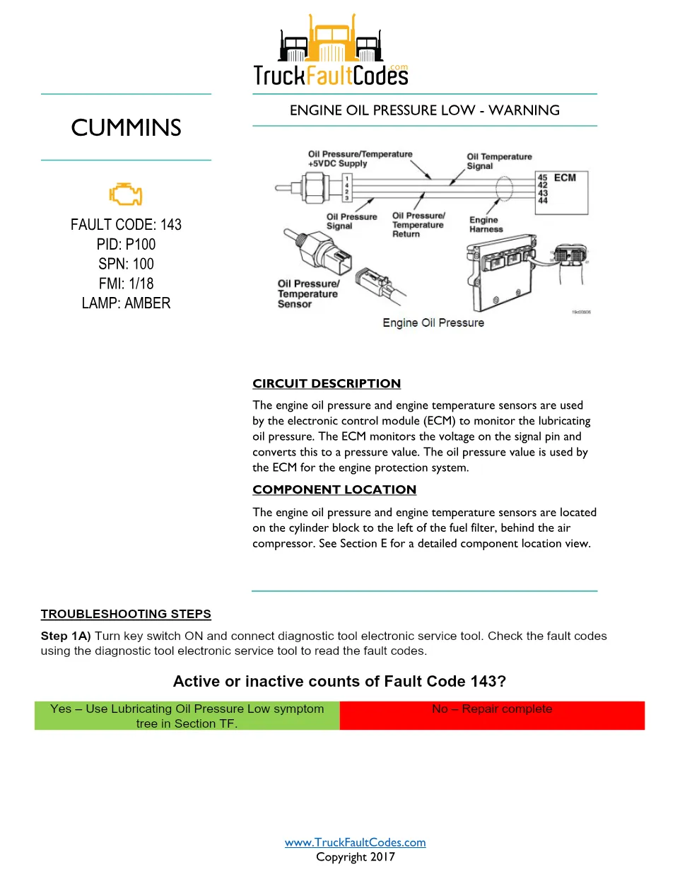 Cummins ISM code 143 — Engine Oil Pressure Low Warning (PID P100, - page 1 is available after signing in