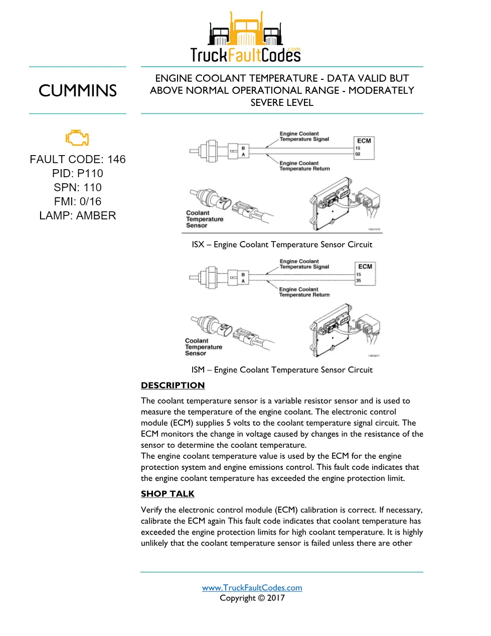 Cummins ISM code 146 engine coolant temperature sensor fault - preview page 1 of 2